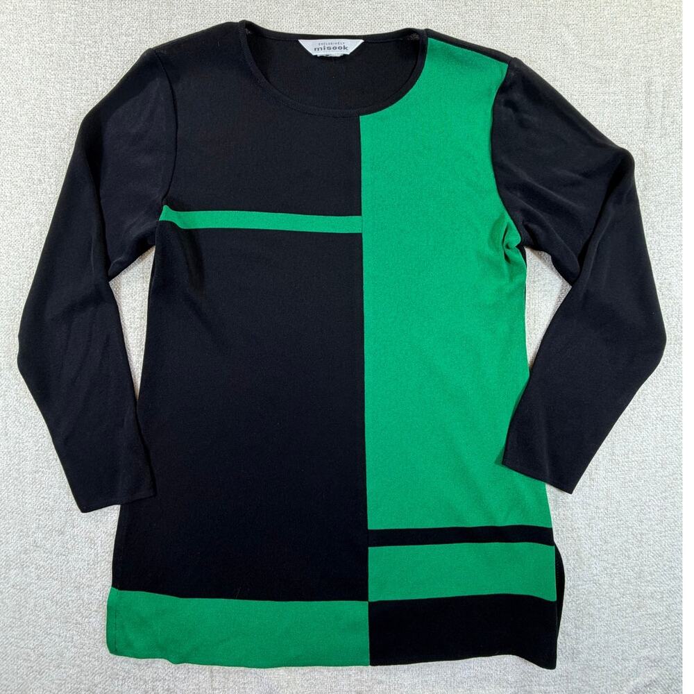 Exclusively Misook Women's Small Black Green Colorblock Pullover Sweater Top